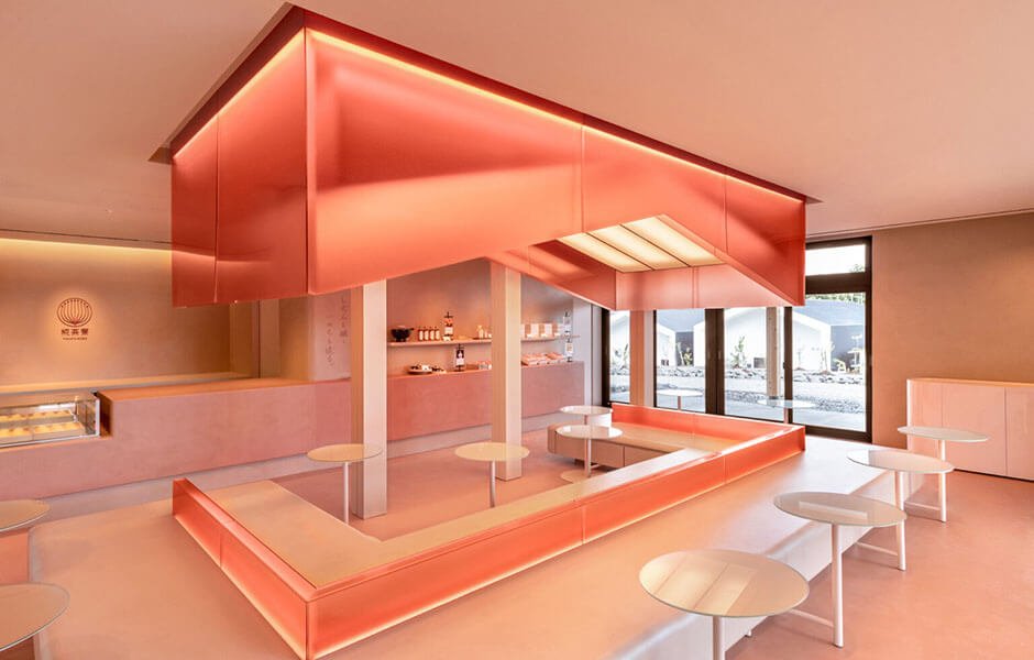 Japanese cafe imbued with rosy warmth