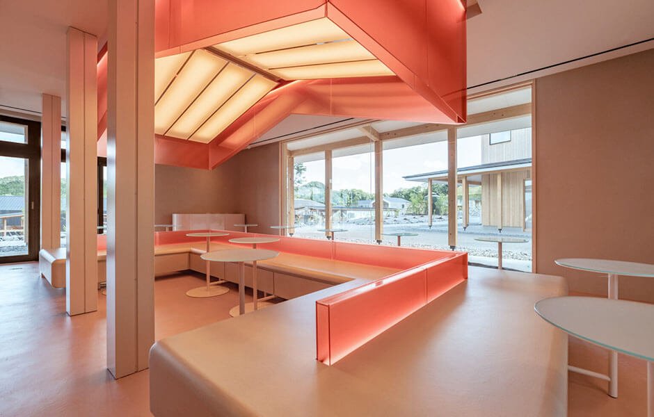 Japanese cafe imbued with rosy warmth