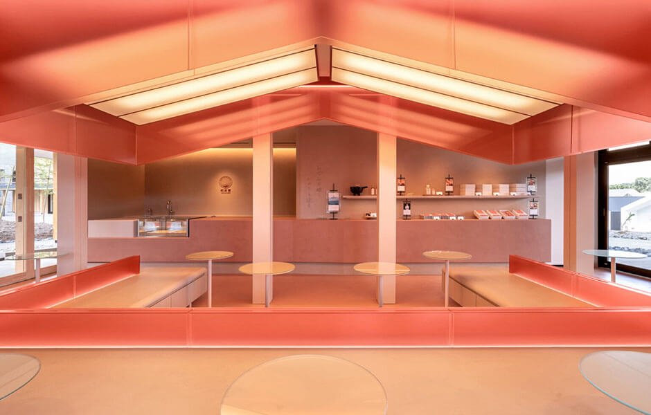 Japanese cafe imbued with rosy warmth