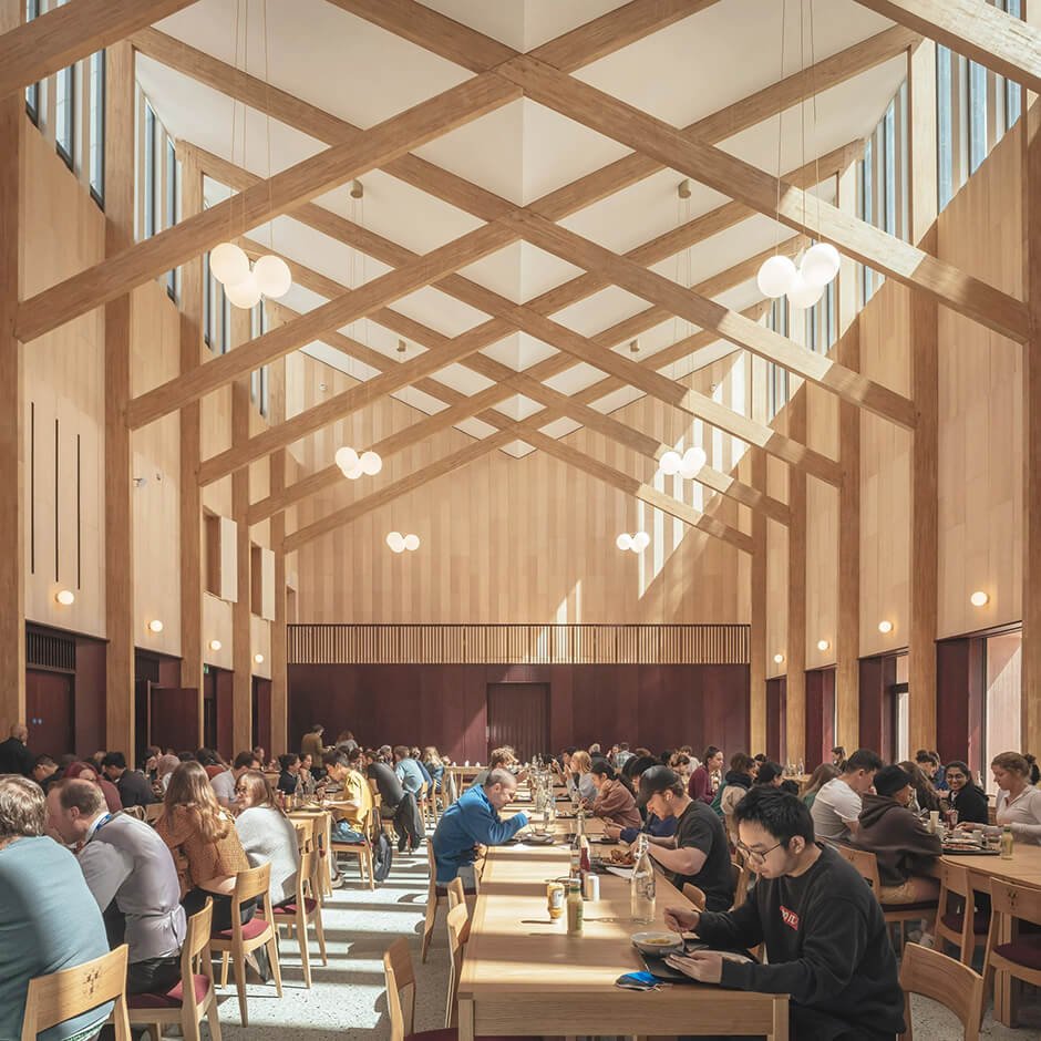 Feilden Fowles completes the timber-framed dining hall at the University of Cambridge